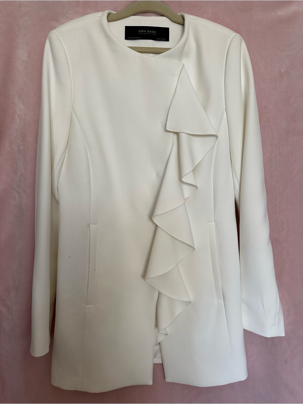 Zara Basic White Ruffle Front Coat XS